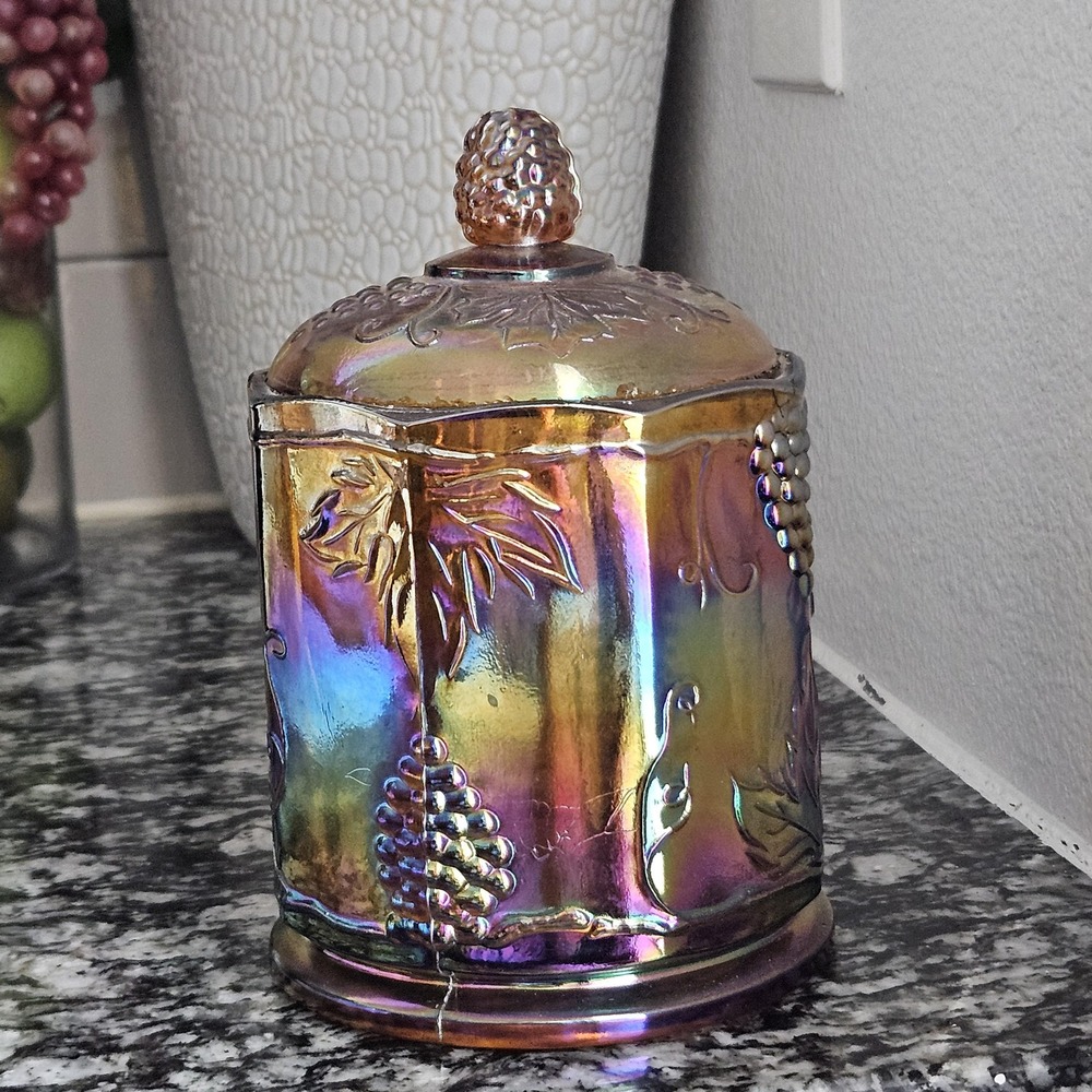 Vintage Carnival Glass Iridescent Grape Leaf 2pc Jar Amber Gold 7in